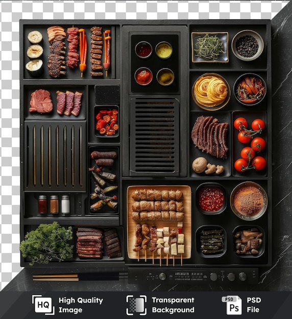 PSD set de cuisson au barbecue du sud avec une variété de viandes, de légumes et de sauces, y compris une tomate rouge, des aliments bruns et noirs et un