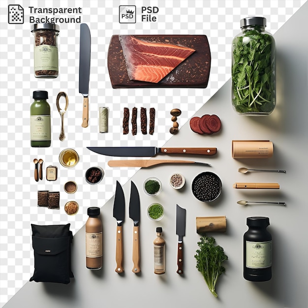 PSD set de cuisson de barbecue gourmet du sud isolé avec une variété de couteaux et d'ustensiles, y compris un couteau argenté et noir un couteaux noir un coueau en bois et brun et un