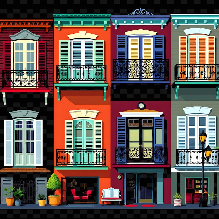 PSD set de casas do bairro francês com varandas de ferro e cores vibrantes bo png house element designsl
