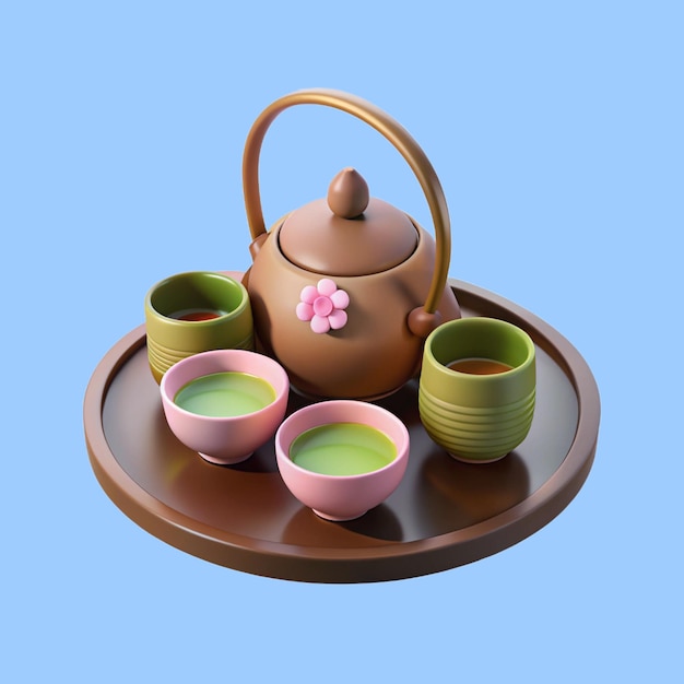 Set de chá matcha japonês de 3d com copos pequenos
