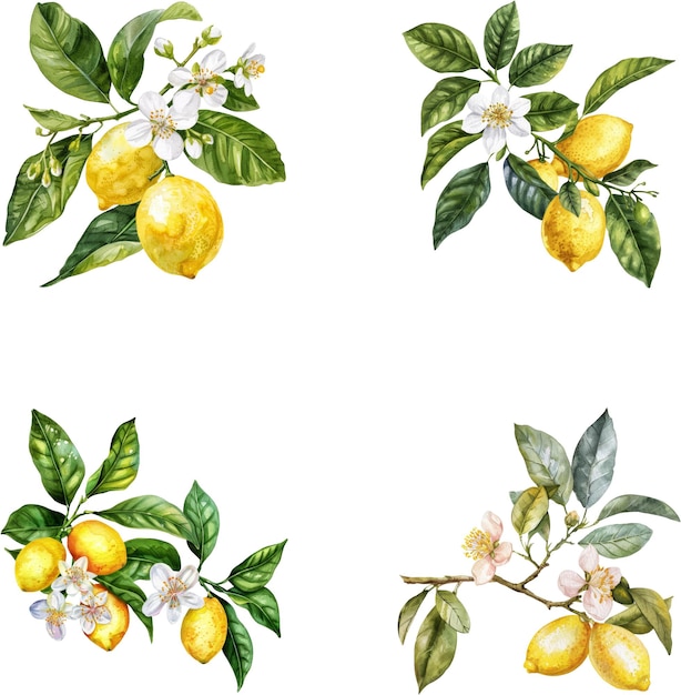 Set de elementos de flores de limão de aquarela Clipart