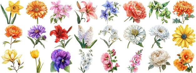 PSD set de flores de aquarela fundo isolado várias coleções florais bordas nítidas