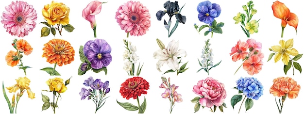 PSD set de flores de aquarela fundo isolado várias coleções florais bordas nítidas