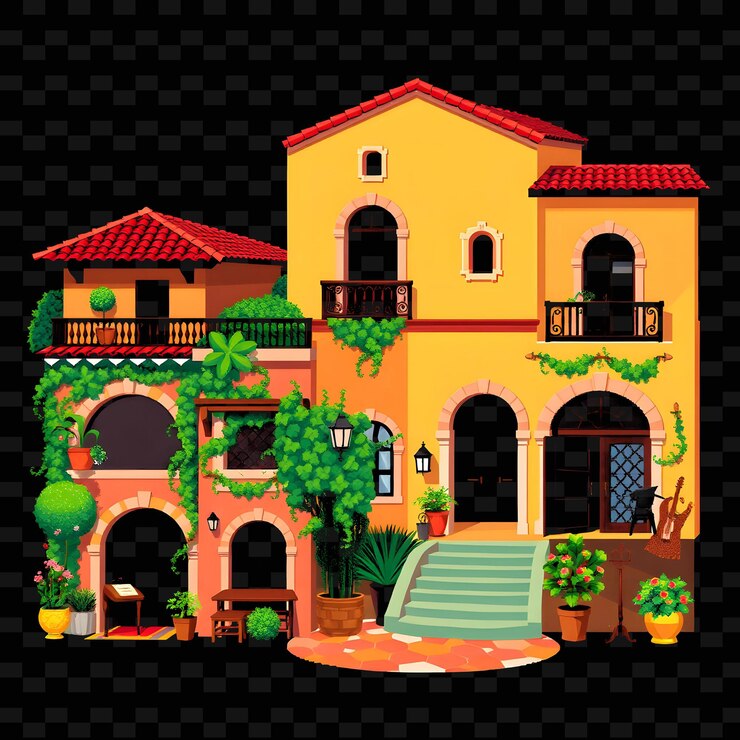 PSD set de haciendas espanholas com flair colonial portas arqueadas teto de argila vermelha designs de elementos de casas png