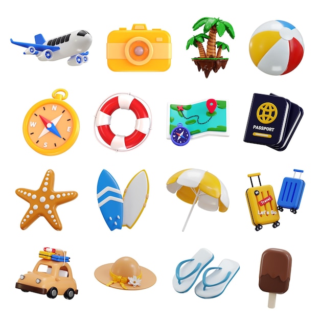 Set de ícones de turismo 3d render conceito de viagem Férias Férias Planejamento World Tour Ícones de viagem