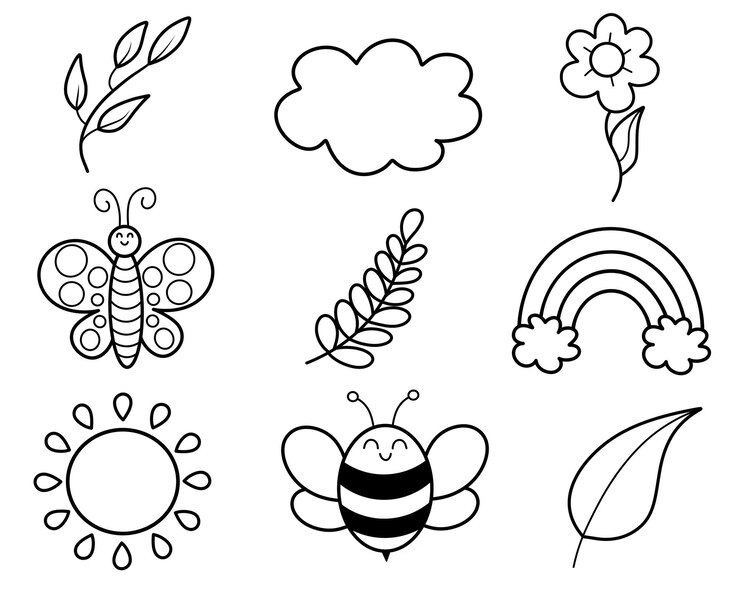 PSD set de primavera com ícones raster linear de nuvens abelhas borboletas e outros