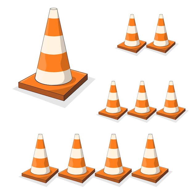 Set de vetor de cone de tráfego único, duplo, triplo, amplificador, quatro cones, construção, obras rodoviárias, segurança
