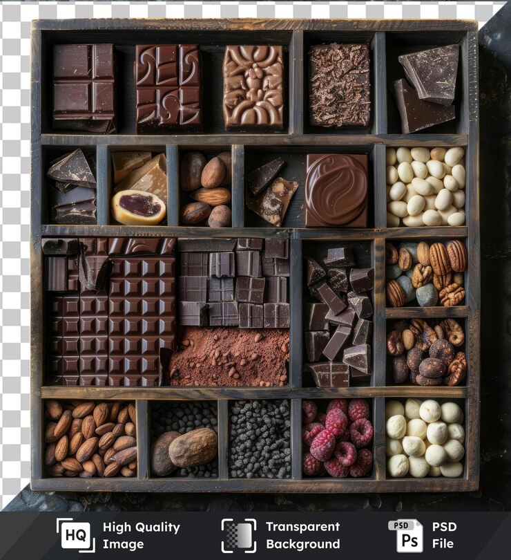 PSD set de degustación de chocolate gourmet psd de alta calidad con una variedad de dulces de chocolate, incluidos dulces marrones blancos y chocolate y marrones, así como un marrón