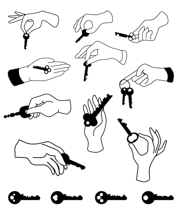 PSD set dessiné à la main de l'illustration de la main tenant la clé