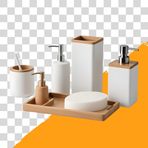 set di accessori per bagno moderni dispenser di sapone bianco porta spazzolini da denti porta vassoi isolati su sfondo trasparente png