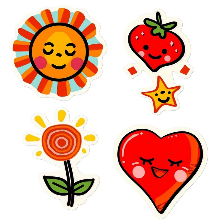 PSD set di adesivi carini con cuore e fiore di fragola solare