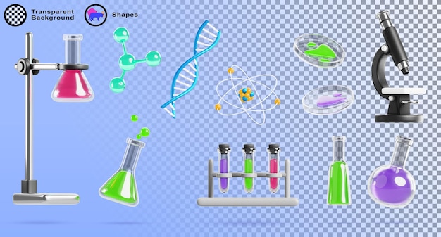 Set di attrezzature di laboratorio scientifico 3D Vetreria di laboratorio al microscopio con vetro liquido colorato bottiglia di tubo di prova rack holder bicchiere formula chimica DNA molecola atomo cartone animato render icon