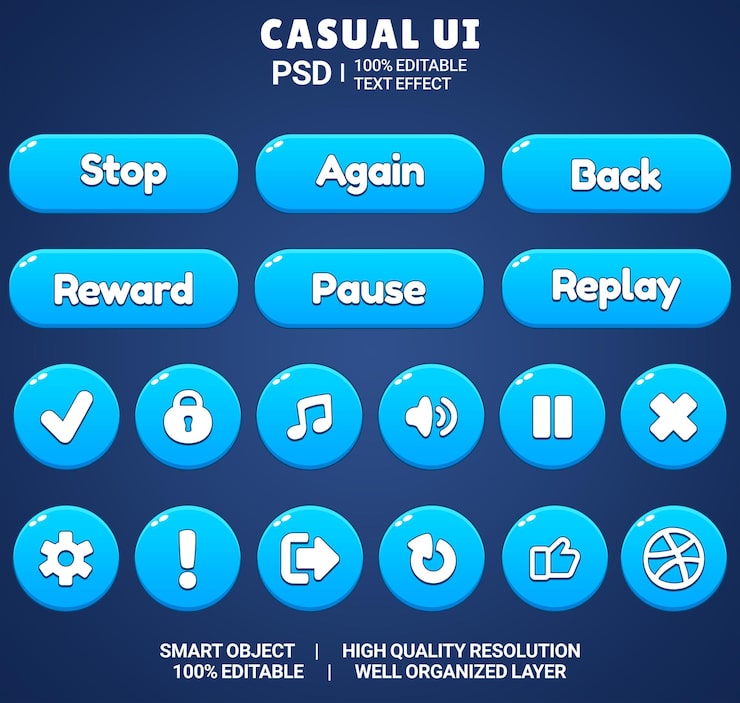 PSD set di beautiful game ui button cartoon style ui button 2d button 2d ui game icon set game ui