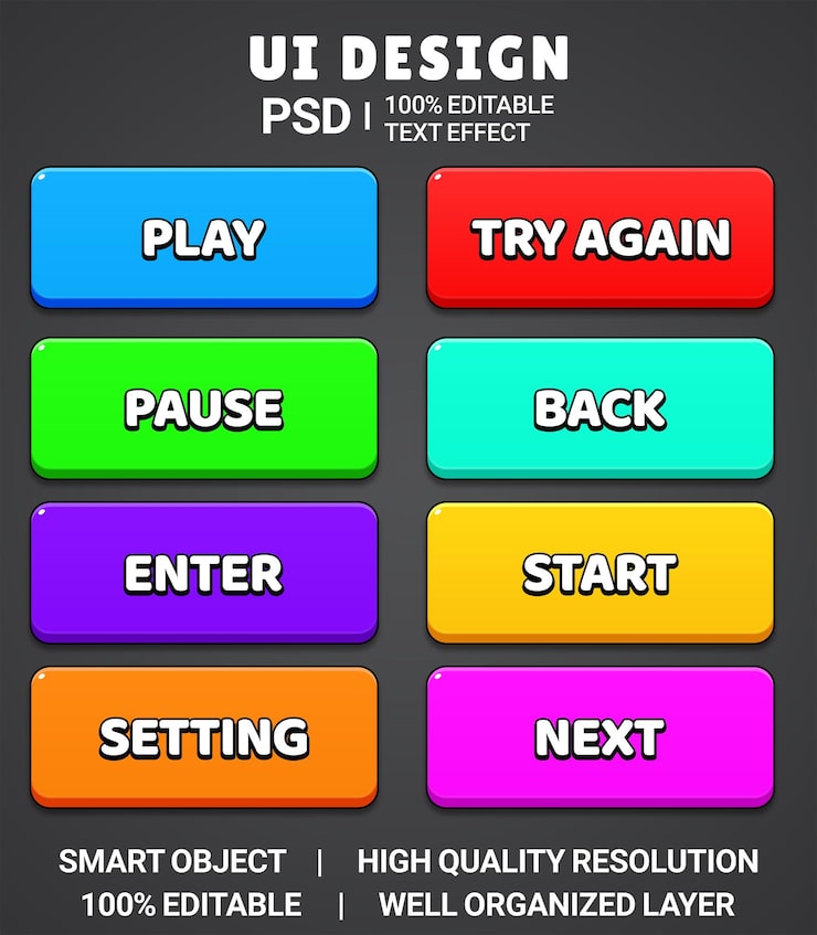 PSD set di beautiful game ui button cartoon style ui button 2d button 2d ui game icon set game ui