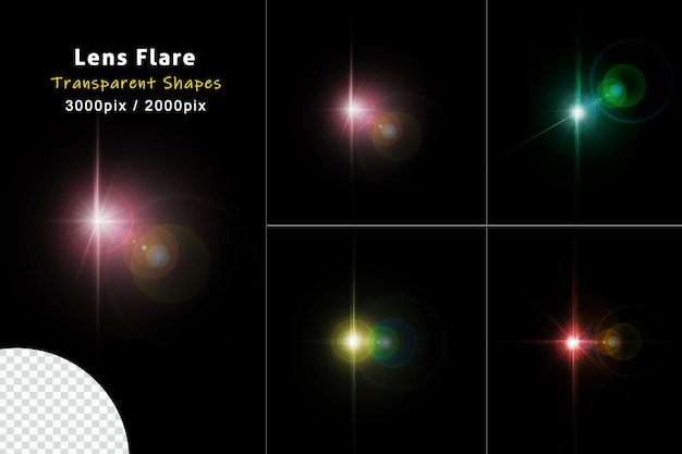 Set di brillanti scintillii colorati e bagliori di lenti incandescenti luci isolate su sfondo trasparente