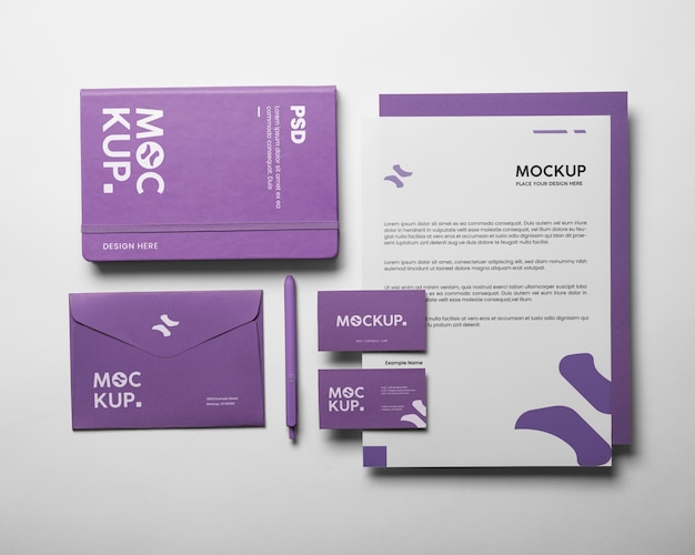 Set di cancelleria digitale lavanda mock-up design