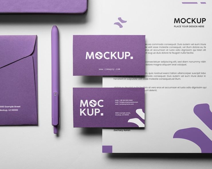 PSD set di cancelleria digitale lavanda mock-up design