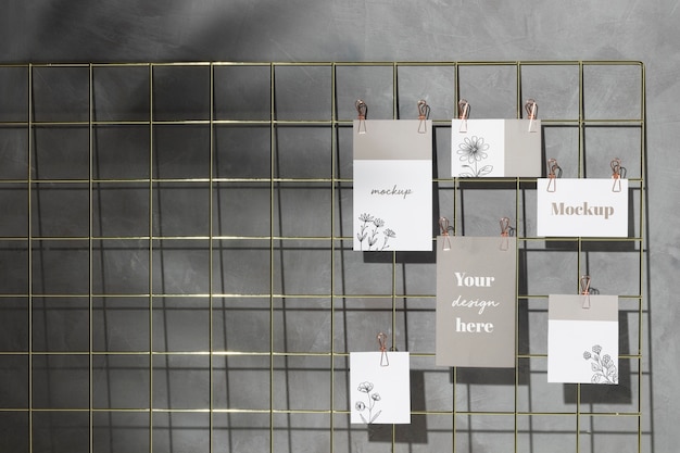 Set di carte che appendono sulla scheda memo griglia con clip