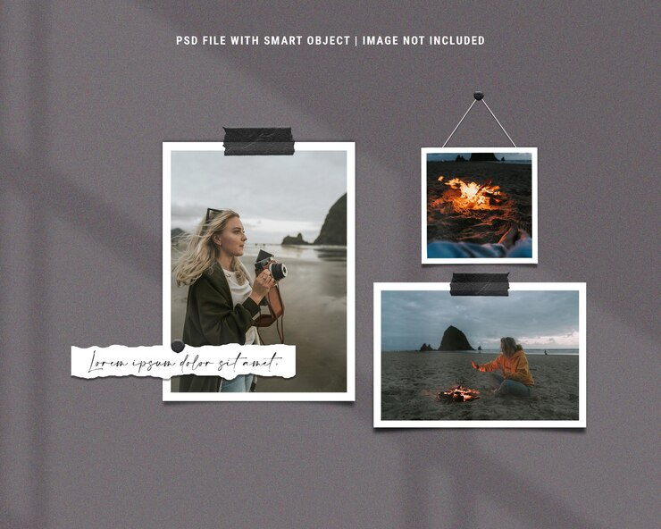 Set di cornici per foto da viaggio mockup moodboard con schizzi di inchiostro Psd Premium