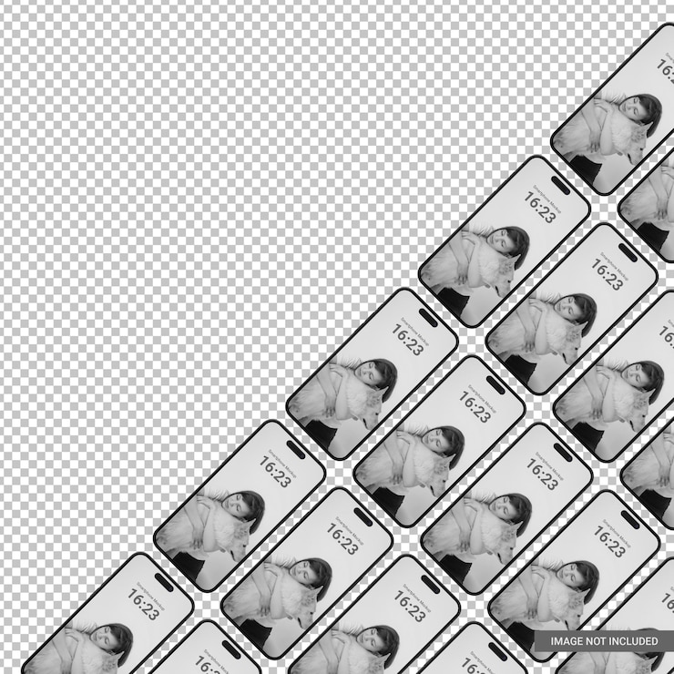 PSD set di dispositivi mockup per telefono diagonale 15 pro con spazio vuoto di sfondo trasparente interfaccia app
