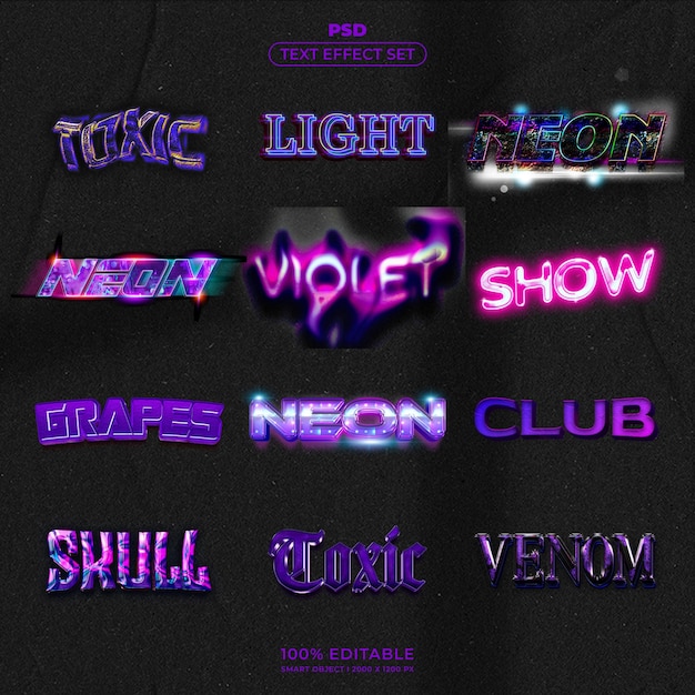 Set di effetti di testo Neon in formato PSD