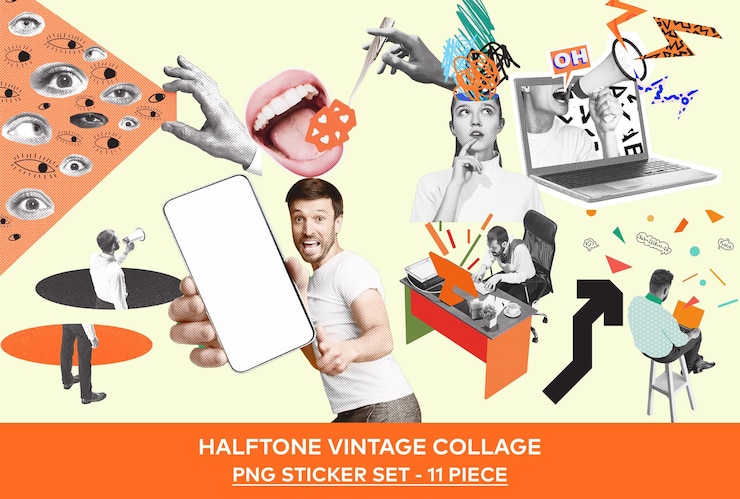 PSD set di elementi di collage digitale vintage di arte multimediale mista a mezza tonalità