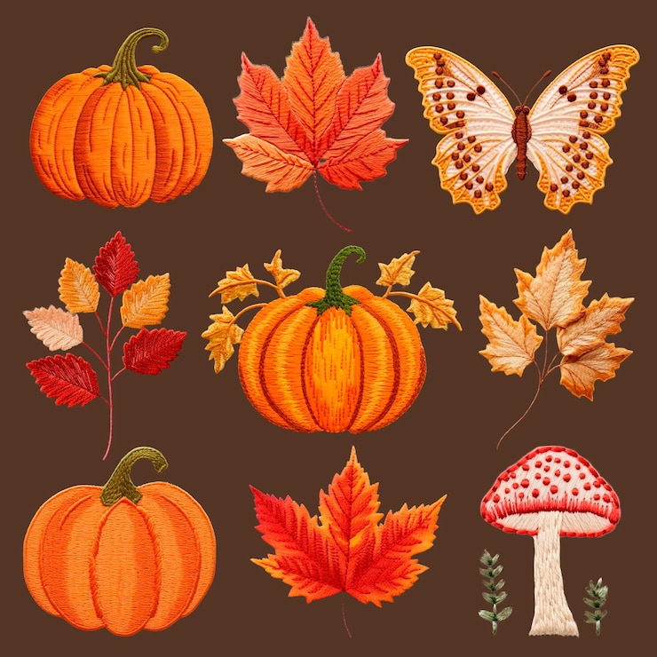 PSD set di elementi di design ricamati a tema autunnale