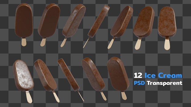 Set di gelato alla vaniglia stick bar ricoperto di cioccolato isolato su sfondo trasparente Illustrazione di rendering 3D