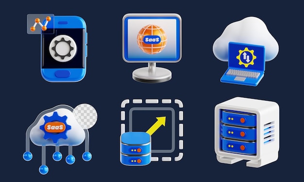 Set di icone 3D SaaS che includono OnDemand Service Remote Access SaaS Migration e altro ancora