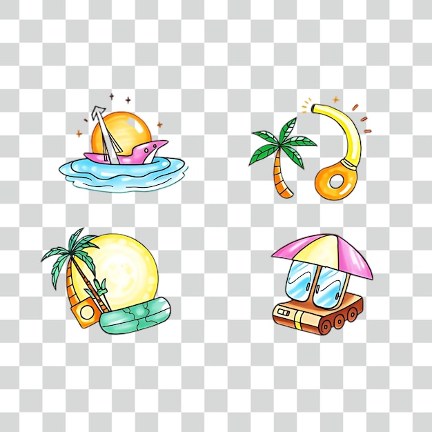 Set di icone delle vacanze estive, viaggi, spiagge e simboli delle vacanze
