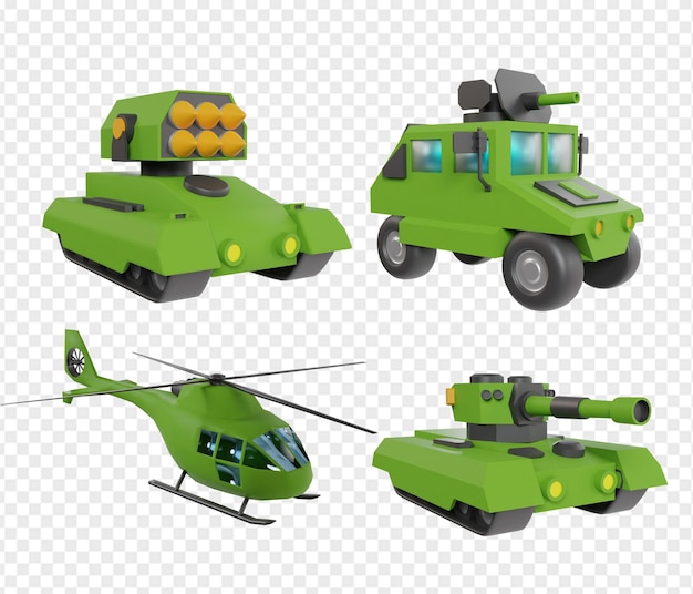 Set di icone di rendering 3D di veicoli dell'esercito