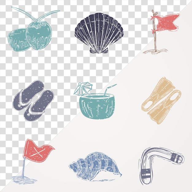 Set di icone di spiaggia estive disegnate a mano della PNG