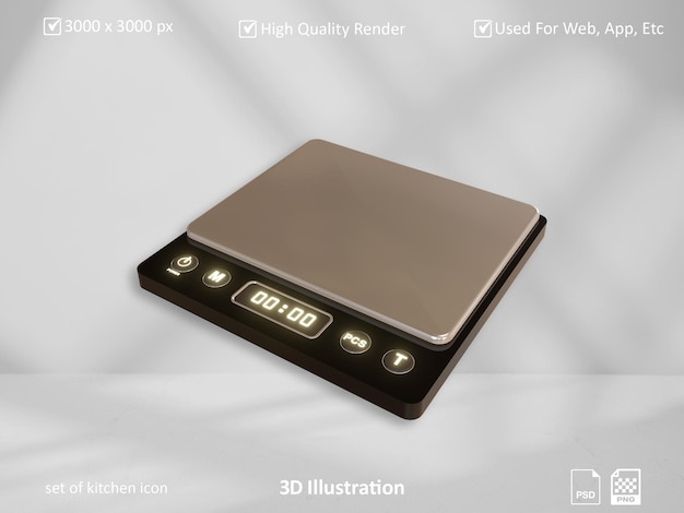 Set di illustrazioni 3D dell'icona della cucina bilancia macchina