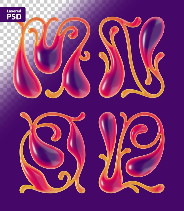 PSD set di lettere ricce rese 3d con superficie liscia e lucida.