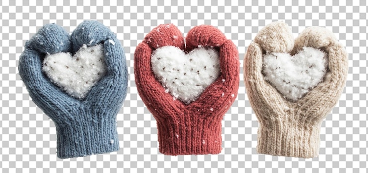 PSD set di mani femminili in guanti a maglia con cuore di neve isolato sullo sfondo trasparente