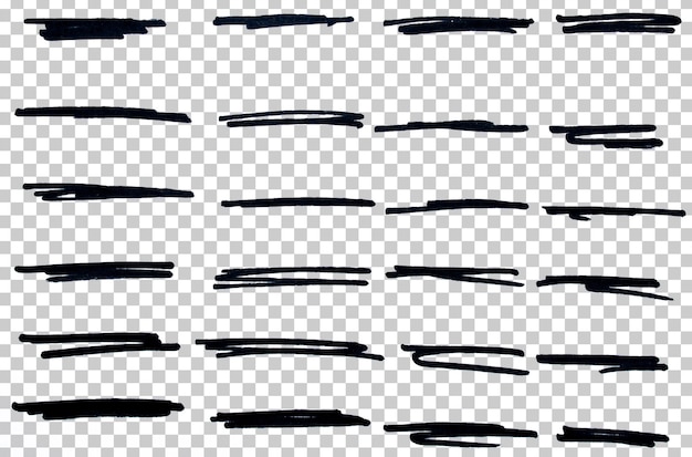 Set di marcatori neri disegnati a mano con penna, linea di tratto, sfondo trasparente, elemento di design, scarabocchi
