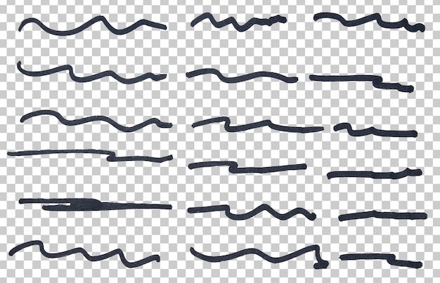 Set di marcatori neri disegnati a mano con penna, linea di tratto, sfondo trasparente, elemento di design sottolineato