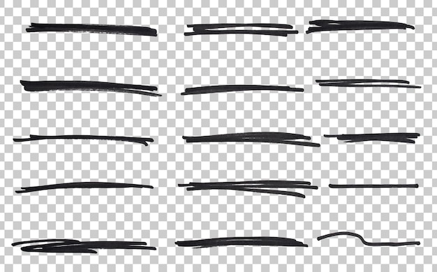 Set di marcatori neri disegnati a mano, linea di pennello, sfondo trasparente, elemento di design, scarabocchi, sottolineatura
