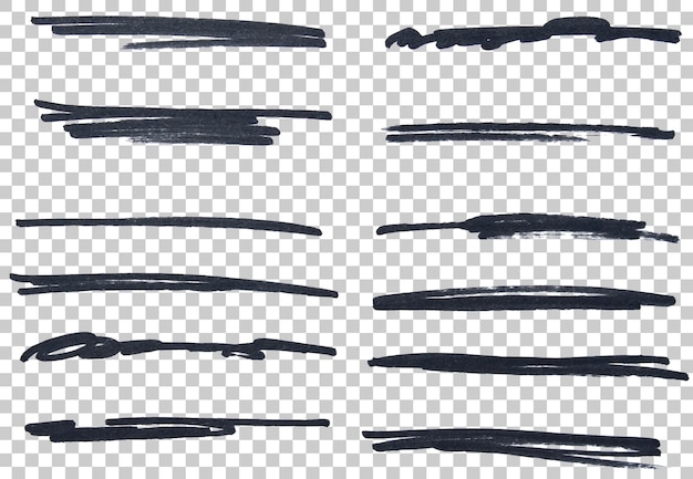 Set di marcatori neri disegnati a mano, linea di pennello, sfondo trasparente, elemento di design, scarabocchi, sottolineatura
