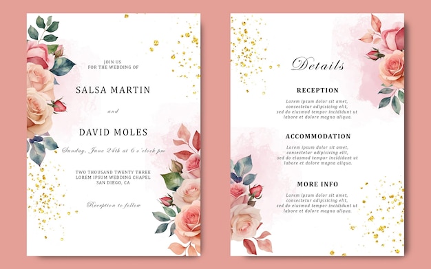 Set di modelli di biglietti d'invito per matrimoni con decorazioni floreali e foglie