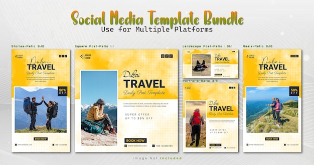 Set di modelli di social media professionali a più dimensioni modificabili con tema di viaggio