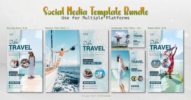 Set di modelli di social media professionali a più dimensioni modificabili con tema di viaggio