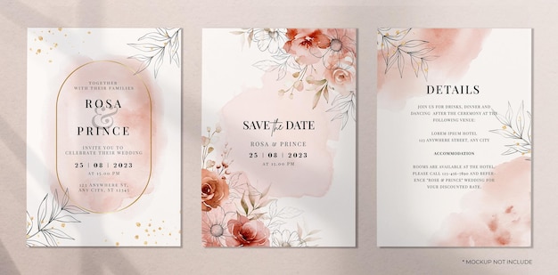Set di modello di carta di invito a nozze con decorazioni floreali e foglie rosse e pesca