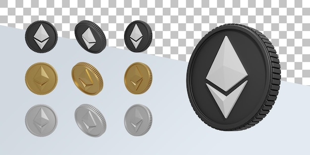 Set di monete crittografiche di Ethereum con rendering realistico 3D