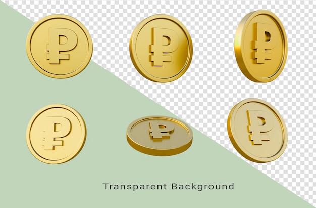 Set di monete d'oro con segno di valuta del rublo russo o simbolo illustrazione 3d rendering 3d minimo