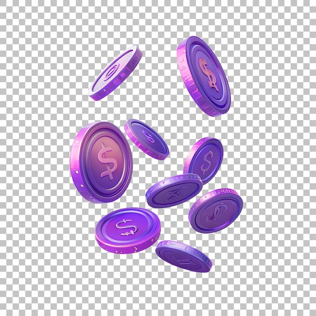 set di monete viola volanti fluido holografico su uno sfondo trasparente