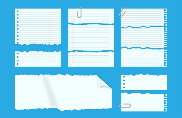 Set di notebook in carta strappata con pagine isolate su sfondo blu