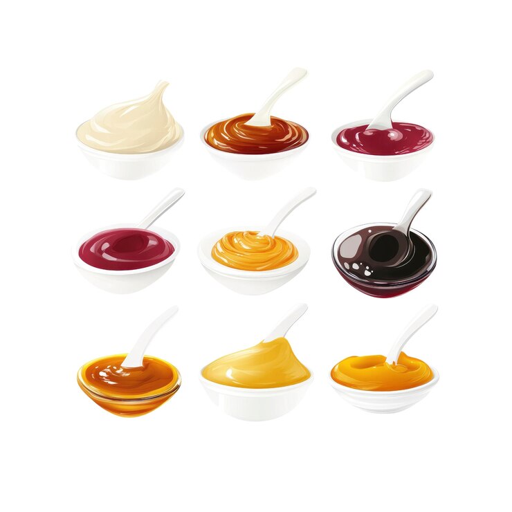 PSD set di nove diverse salse colorate in ciotole con cucchiai