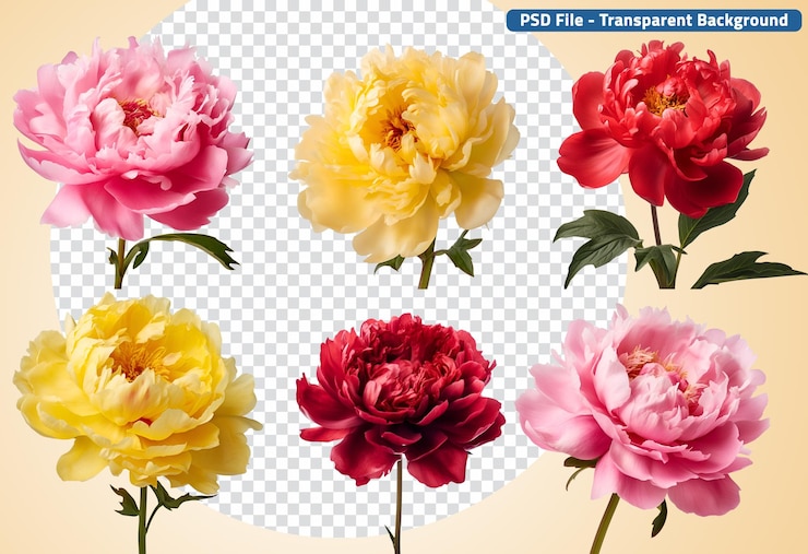 PSD set di nozze per il giorno di san valentino rosso giallo rosa colorati fiori di peonia