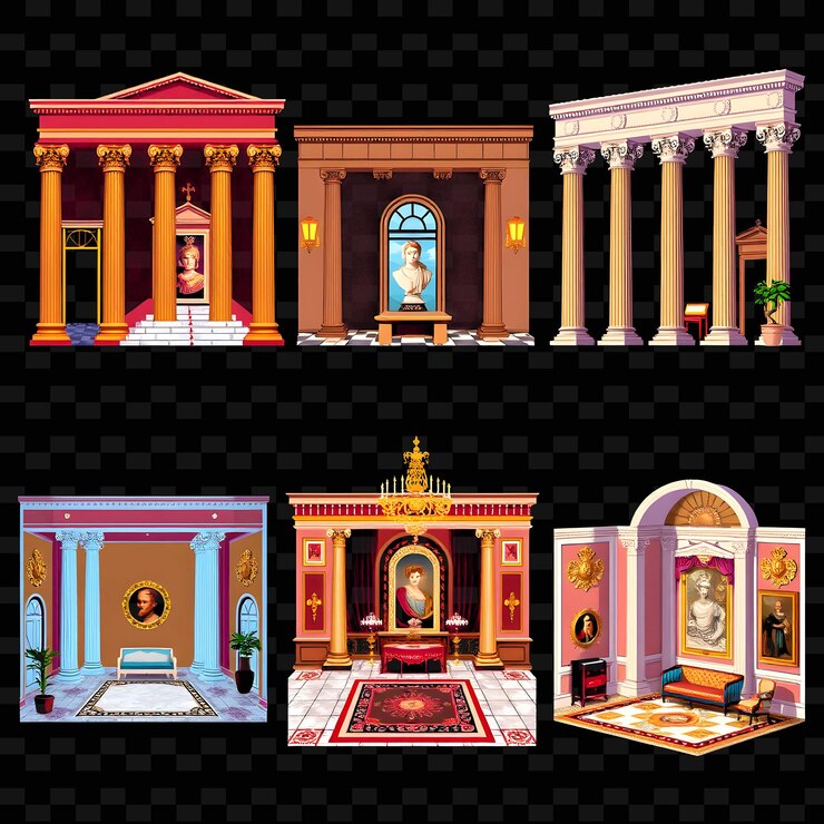 PSD set di palazzi neoclassici con grandi colonne e disegni simmetrici m png house element designsa